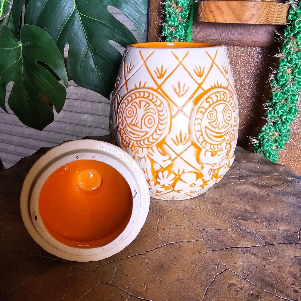 2015 Tiki Farm Poko Ono Lidded Pineapple Tiki Mug 16oz Ken Ruzic Orange Glaze